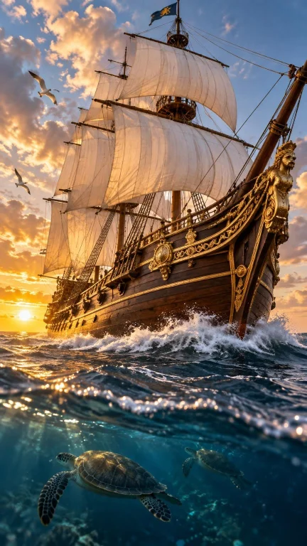 A Realistic, Majestic Tall Ship Sailing Across Deep Blue Oce...