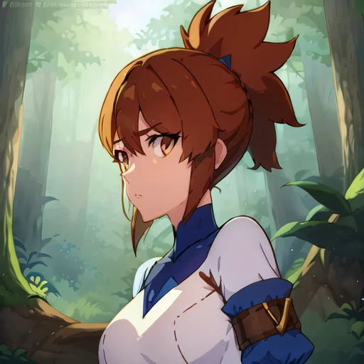 A Woman, Forest, Blue Sleeves And White Outfit.very Short Po...
