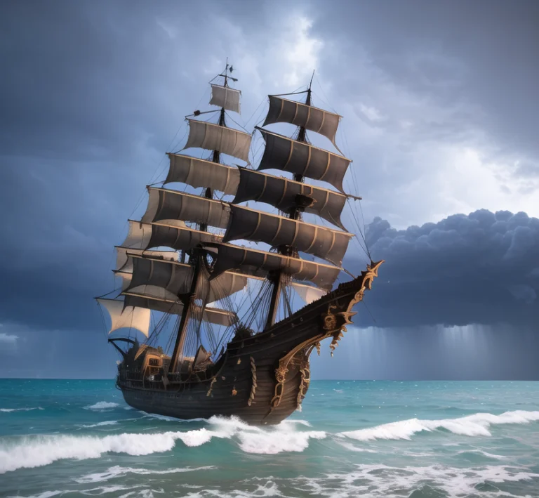 Giant Crumbling Pirate Ship, Encrusted With Barnacles, Torn...