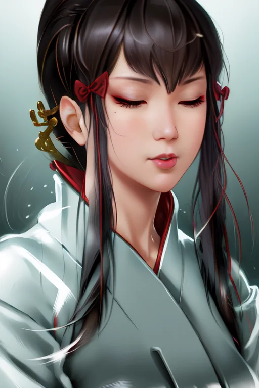 Realistic Half Body Portrait Of A Woman, Akanbe, One Eye Clo...