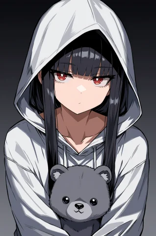Masterpiece, Best Quality,, 1girl, Hood, Black Hair, Solo, S... — Stable Diffusion AI Prompt: masterpiece, best quality,, 1girl, hood, black hair, solo, stuffed toy, white ho...