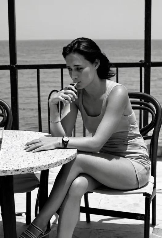 Alone At A Table For Two On A Terrace Facing The Sea, She Ch...