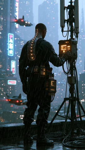 Dcsc1f1. Medium Full-body Shot From Behind And Slightly To T... — Stable Diffusion AI Prompt: DCSC1F1. Medium full-body shot from behind and slightly to the side of a cyberpu...