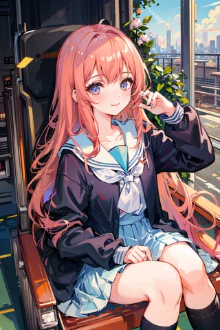Masterpiece,1girl,solo, School Uniform, Cityscape, Sitting,... — Stable Diffusion AI Prompt: masterpiece,1girl,solo, school uniform, cityscape, sitting, light smile,