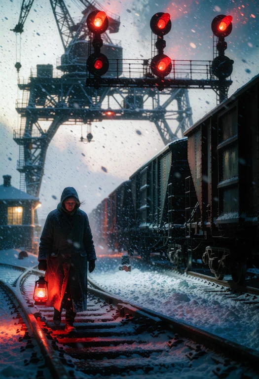 A Hushed Cinematic Film Still Of A Woman Crossing A Snowboun...