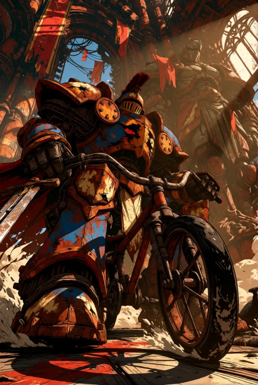 A Gigantic Rust-covered Mecha Knight Riding An Absurdly Tiny...