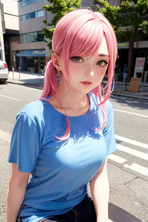 1girl With Pink Hair Sitting On A Sidewalk With A Blue Shirt...