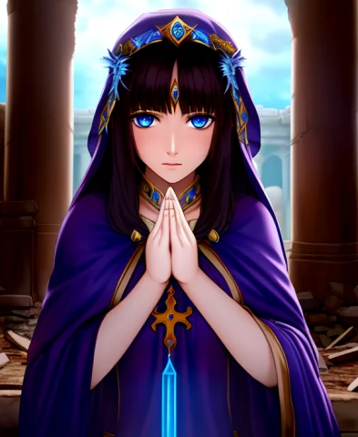 A Fantasy Priestess With Dark Hair And Startling Blue Eyes,... — Stable Diffusion AI Prompt: a fantasy priestess with dark hair and startling blue eyes, with her hands toget...