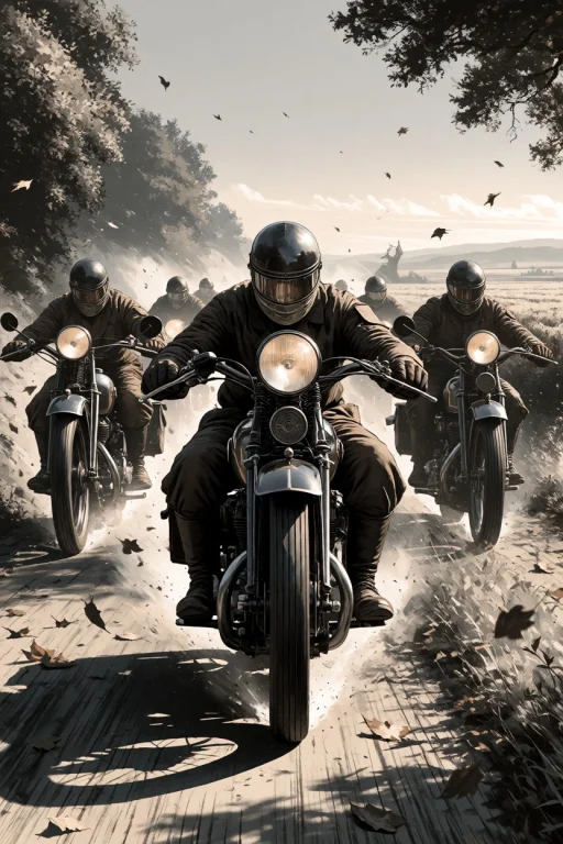 Midjourney A Group Of Motorcyclists Riding Towards The Horiz...