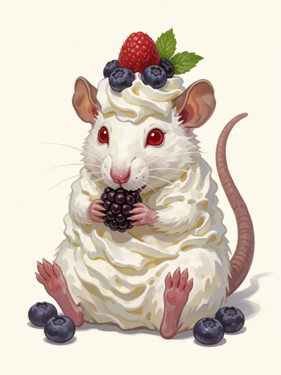 Rat Make Of Whipped Cream With Red Eyes Eating Berries Lorak...