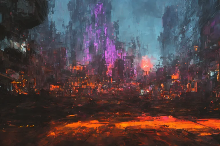Painting Of A Cyberpunk City Burning To The Ground, Neon Lig...