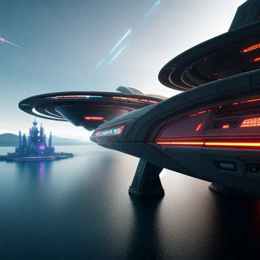 Fantasy Art, Cyberpunk Starship Landing Over A Lake, Photore...