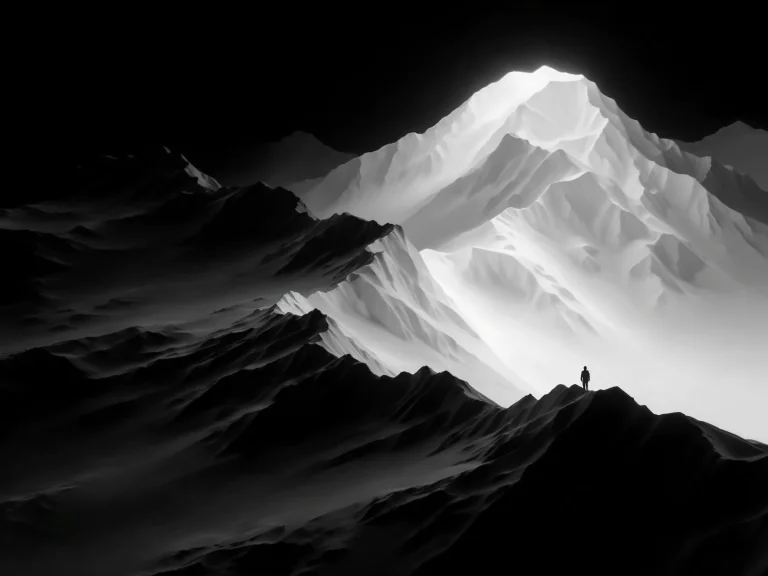 Lone Figure Standing On Mountain Ridge Facing Glowing White...
