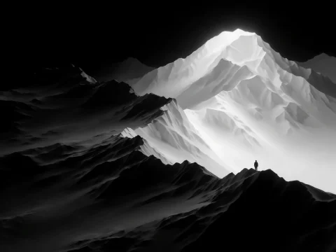 Lone Figure Standing On Mountain Ridge Facing Glowing White... — Stable Diffusion AI Prompt: ⛰️ lone figure standing on mountain ridge facing glowing white peak black and wh...