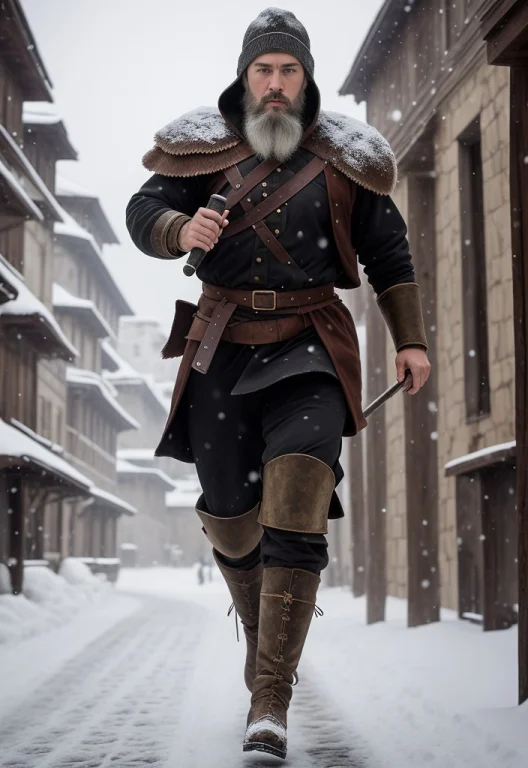 Slavic Man, Full Body, Old Shabby Leather Armor, Beard, Hamm...