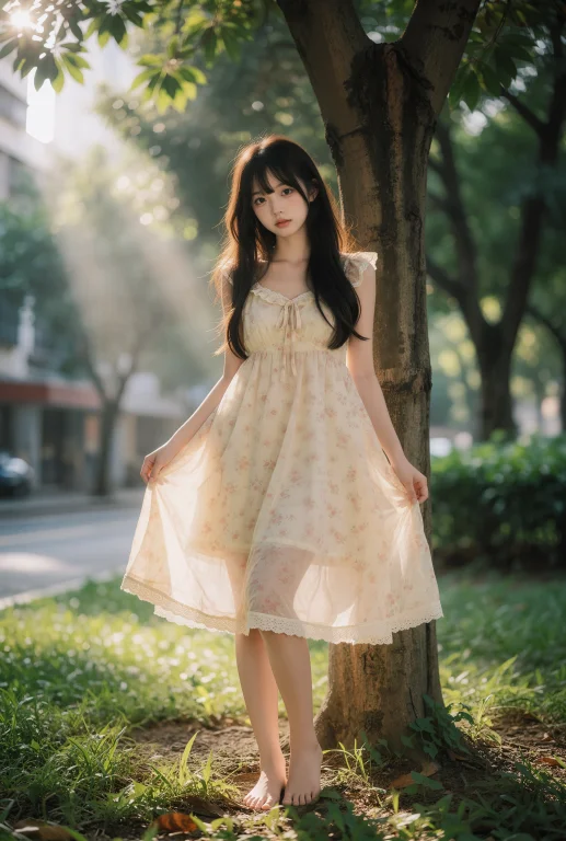 一位年轻女性站在公园的树旁，她身穿一件淡黄色底色带有粉色小碎...