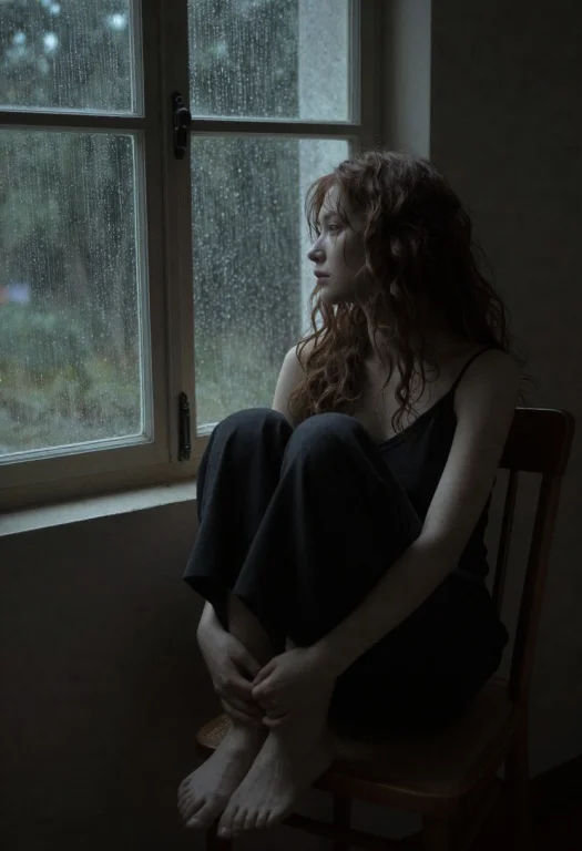 A Woman With Wavy, Brown Hair Is Sitting On A Chair, Looking...