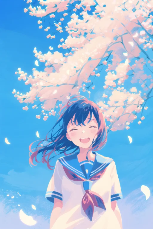 1girl, Closed Eyes, Solo, Neckerchief, Smile, Cherry Blossom...