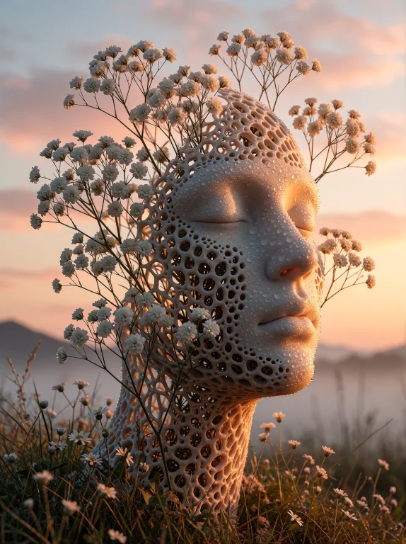 A Surreal, Hyperrealistic Vertical Scene Of A Serene Human F...