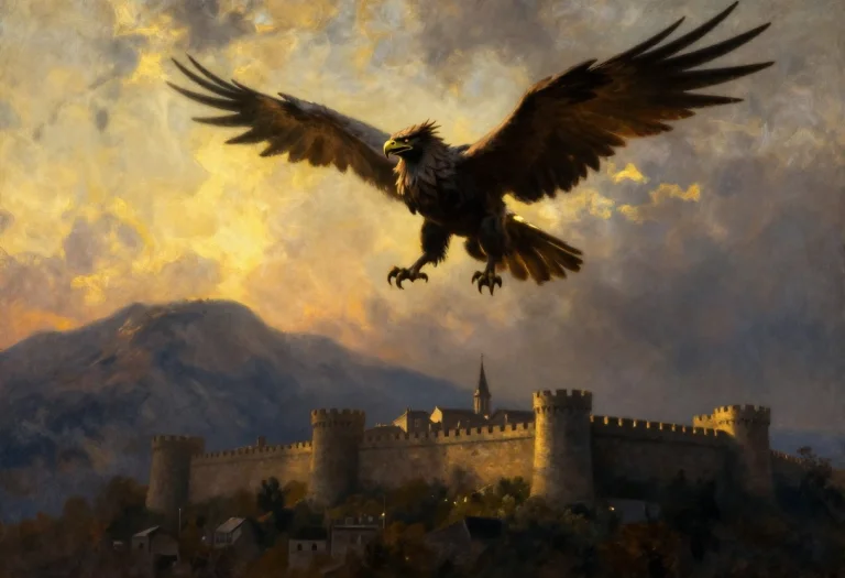 A Griffin Circling Above A Walled Mountain City, Impressioni...