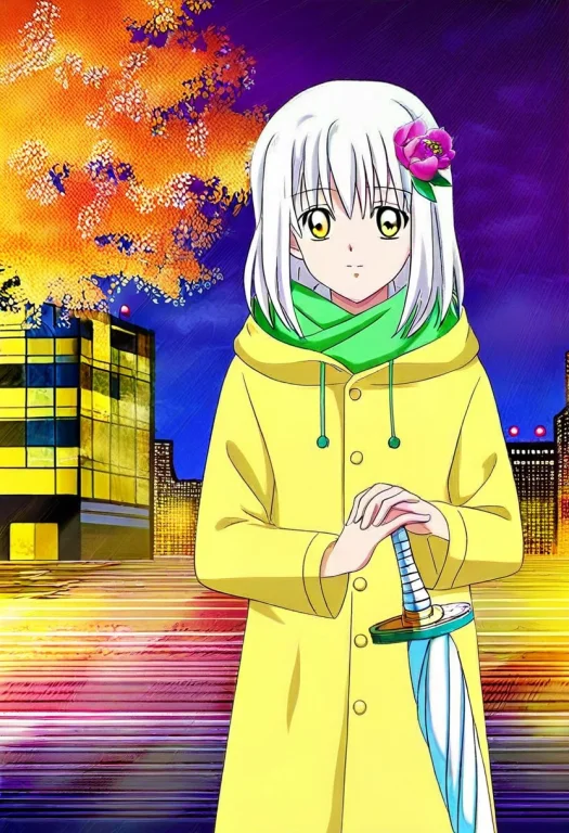 1other, Solo, Medium Hair, White Hair, Golden Eyes, Raincoat...