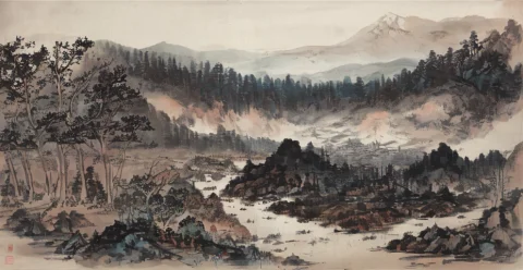 A Painting Of A Landscape With Trees And Mountains In The Ba... — Stable Diffusion AI Prompt: a painting of a landscape with trees and mountains in the background, badashanre...