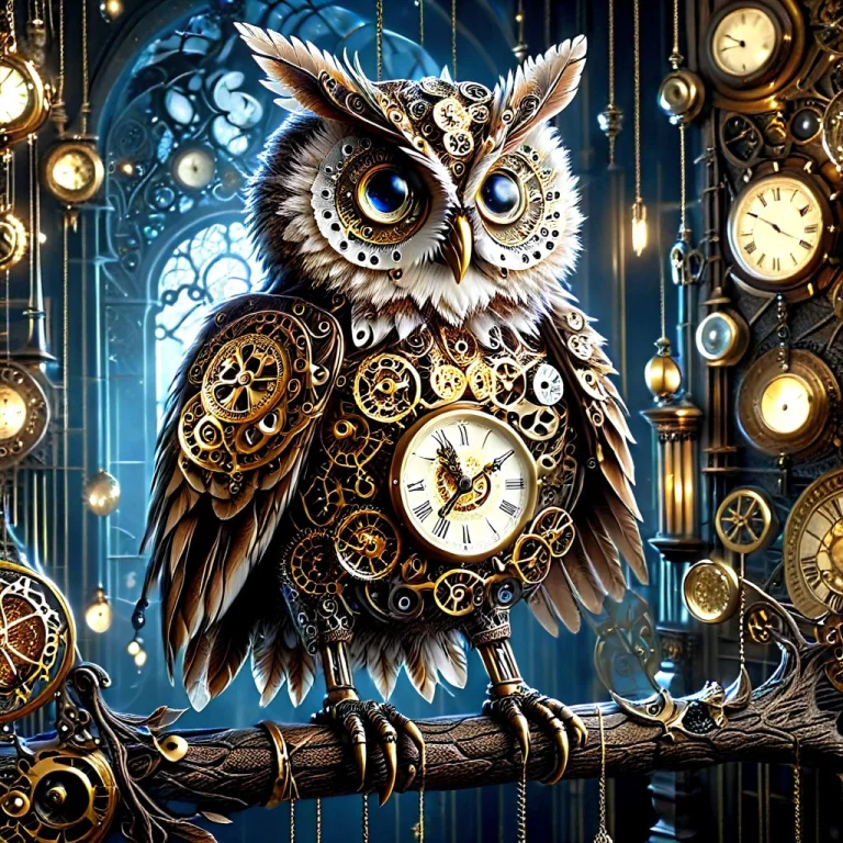 A Mechanical Owl Perched On A Branch, Body Constructed From...