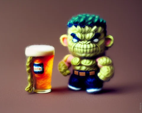 Miniwool Style Of Hulk Sad Drinking A Beer, Made Of Wool, Pr... — Stable Diffusion AI Prompt: miniwool style of Hulk sad drinking a beer, made of wool, product photo, centere...