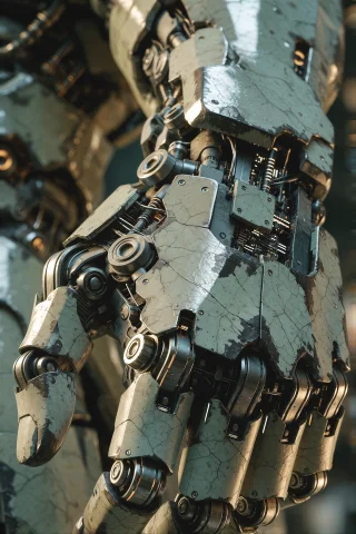 A Close-up Of A Cybernetic Hand Gripping A Jagged Metal Surf... — Stable Diffusion AI Prompt: A close-up of a cybernetic hand gripping a jagged metal surface, dense greebles...