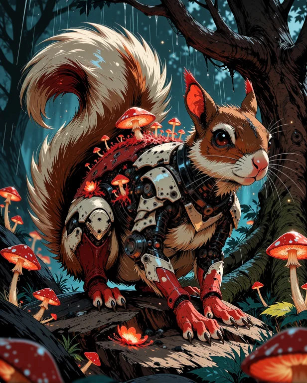 Poetic Surreal Oil Painting, The Biomechanical Squirrel Has...