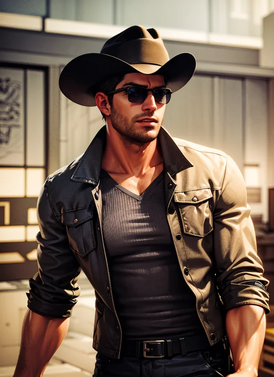 1boy, Cowboy Shot Of Re5dfield, Wearing Suite, Hat, Sunglass...