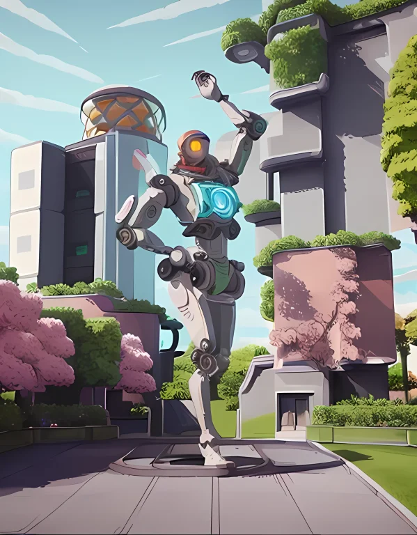 A Skin Robot, Waving Hand, Garden And Futurist Circle Buildi...