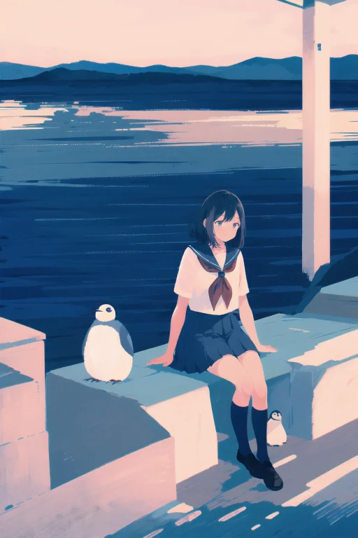 1girl, Skirt, Penguin, Neckerchief, Sailor Collar, Solo, Red...