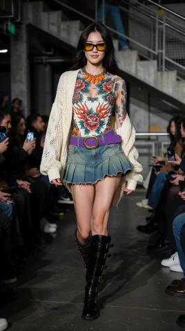 A Fashion Model Strides Down A Dark Runway Wearing A Fitted... — Stable Diffusion AI Prompt: A fashion model strides down a dark runway wearing a fitted bodice covered in vi...