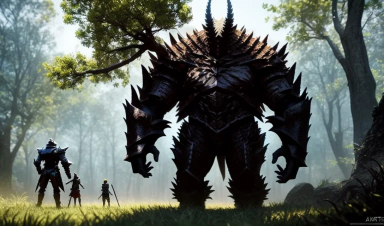 A Giant Creature Facing A Small Knight , A Second Giant Crea...