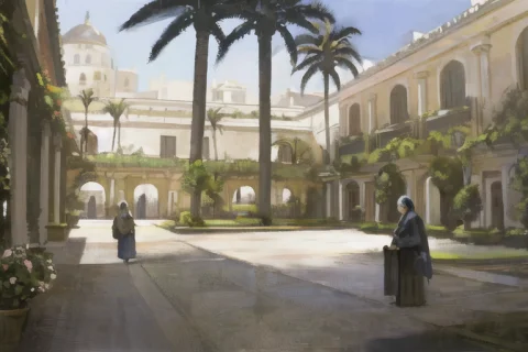 A Painting Of A Courtyard With Palm Trees And People Walking... — Stable Diffusion AI Prompt: a painting of a courtyard with palm trees and people walking around it and a cas...