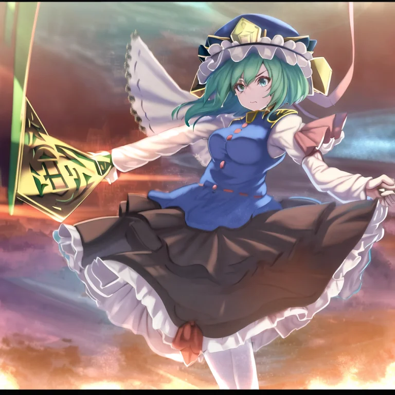 1girl, Eiki Shiki Green Hair, Blue Dress, Wearing A Hat Lora...