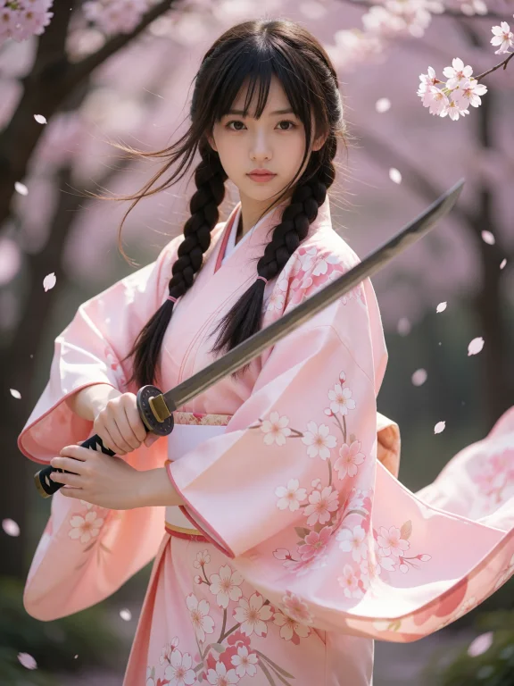 一位年轻的日本女武士，深棕色长发编成两条精致的麻花辫垂在肩头...