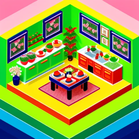 Chibisjstyle1.1 Isometric View Of A Miniature Dining Room Fu... — Stable Diffusion AI Prompt: (chibiSJstyle:1.1) Isometric view of a miniature dining room full of flowers and...