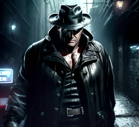 Portrait Of A Big Man, Wet, Raining, Black Cloak Wearing, Bl... — Stable Diffusion AI Prompt: portrait of a big man, wet, raining, black cloak wearing, black classic hat wear...