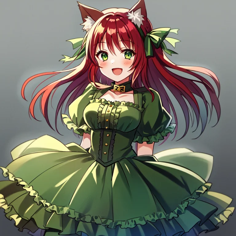 1girl, Solo, Catgirl, Cat Ears, D, Red Hair, Green Eyes, Gre...