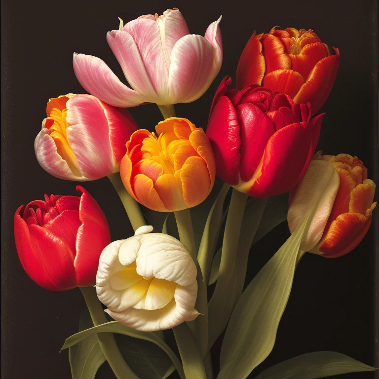 Detailed King Tulips And Roses Against A Black Backdrop By M...