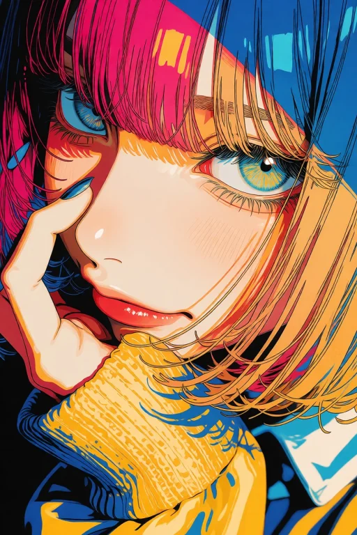 A Bold Pop-art Anime-style Illustration Of A Young Woman In...