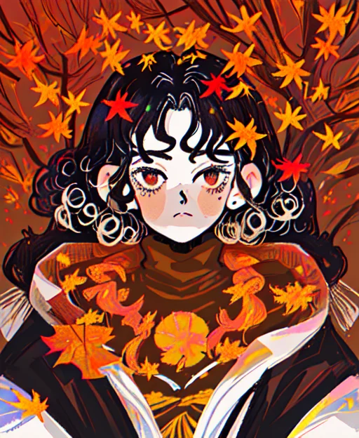Gooddaygirl, 1girl, Portrait, Curly Hair, Long Hair, Autumn