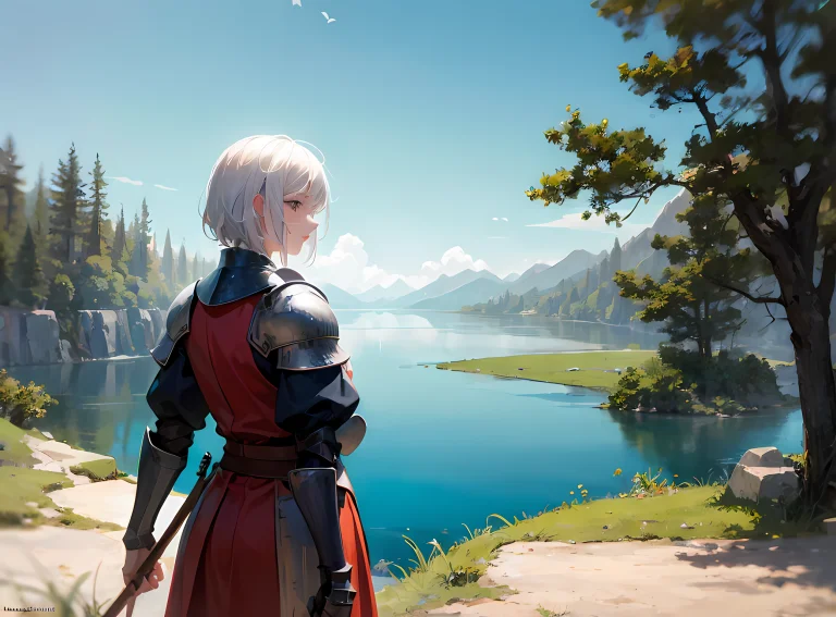 Female Knight Looking Out Over A Lake On Top Of A Cliff, Med...