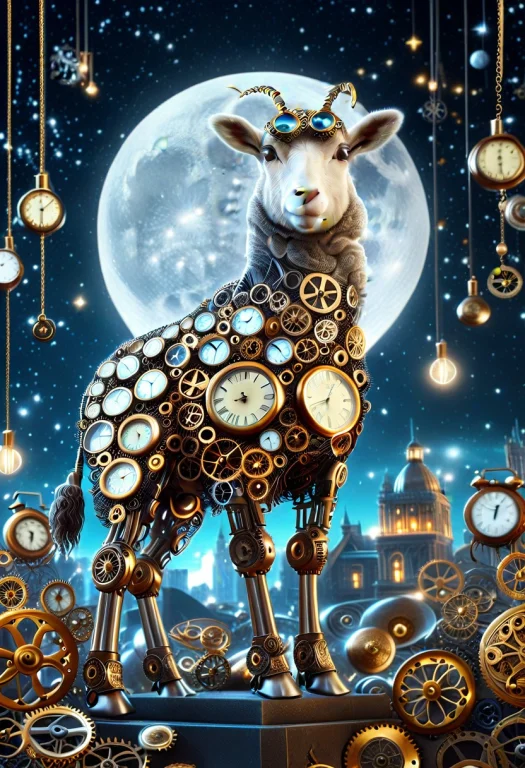 Closeup Golden Vintage Clock Sheep, Wear Round Goggles, Acce...