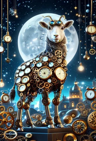 Closeup Golden Vintage Clock Sheep, Wear Round Goggles, Acce... — SDXL AI Prompt: closeup Golden Vintage Clock sheep, wear round goggles, accessories springs, in...