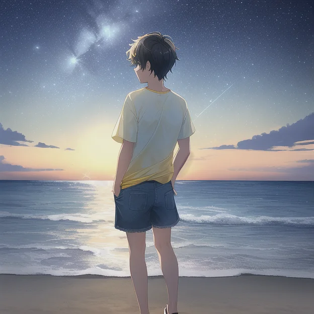 A Illustration Of A Male Teen Staring At The Nightsky Beach...