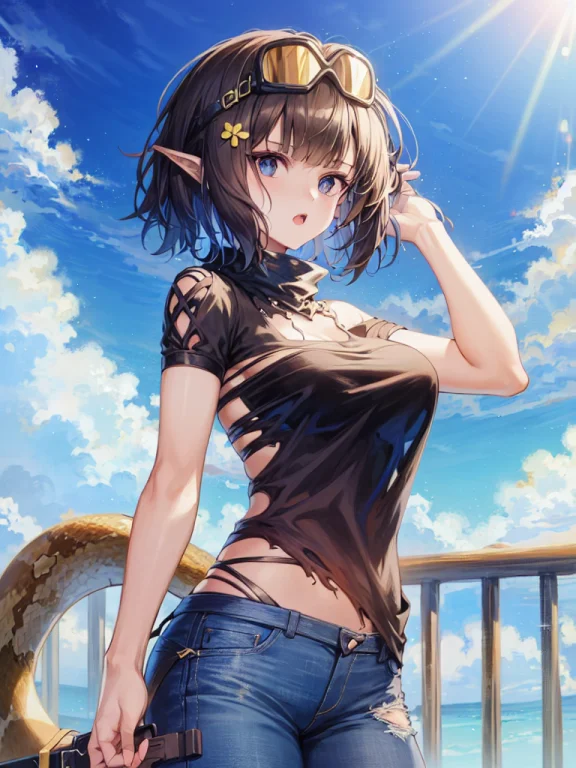 1girl,eunecteshead,jeans,t-shirt,cowboy Shot,goggles, Python...