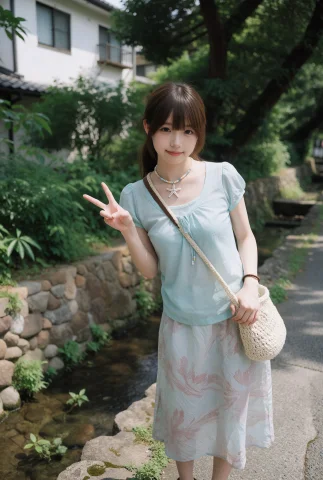 A Nearly Full-length Portrait Shows A Woman Standing Beside... — Stable Diffusion AI Prompt: A nearly full-length portrait shows a woman standing beside a shallow stone-line...